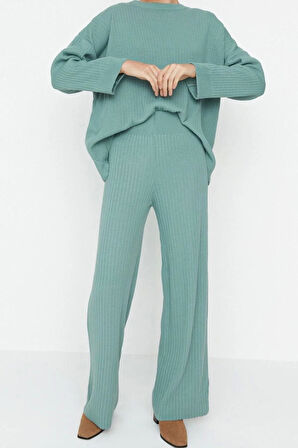 Kadın Moda Şık Boru Paça Regular Boy Uzun Kollu Basic Bisiklet Yaka Triko Alt-Üst Takım