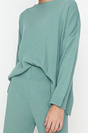 Kadın Moda Şık Boru Paça Regular Boy Uzun Kollu Basic Bisiklet Yaka Triko Alt-Üst Takım