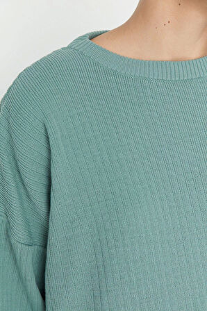 Kadın Moda Şık Boru Paça Regular Boy Uzun Kollu Basic Bisiklet Yaka Triko Alt-Üst Takım