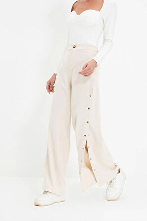 Kadın Yeni Moda Geniş Paça Regular Boy Dokuma Wide Leg Geniş Paça Yanları Düğmeli Pantolon