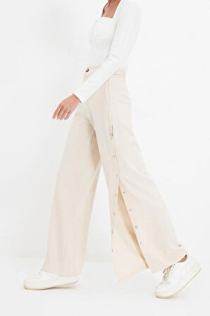 Kadın Yeni Moda Geniş Paça Regular Boy Dokuma Wide Leg Geniş Paça Yanları Düğmeli Pantolon