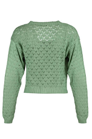 Kadın Moda Şık Crop V Yaka Uzun Kol Ajurlu Delikli Crop Triko Hırka