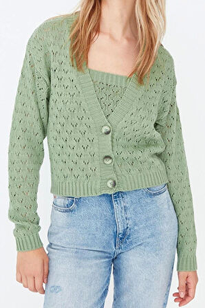 Kadın Moda Şık Crop V Yaka Uzun Kol Ajurlu Delikli Crop Triko Hırka
