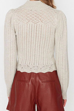 Kadın Moda Şık Regular Dik Yaka Uzun Kol Ajurlu Delikli Dik Yaka Triko Kazak