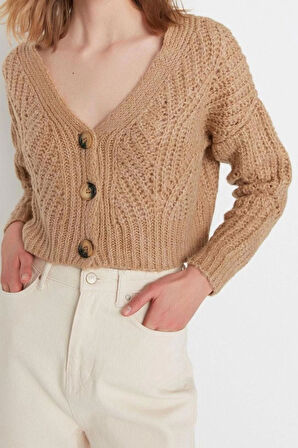 Kadın Moda Şık Crop V Yaka Regular Crop Yumuşak Dokulu Triko Hırka