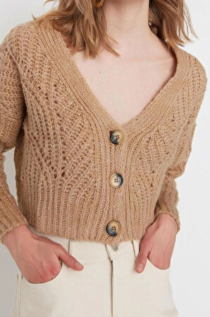 Kadın Moda Şık Crop V Yaka Regular Crop Yumuşak Dokulu Triko Hırka