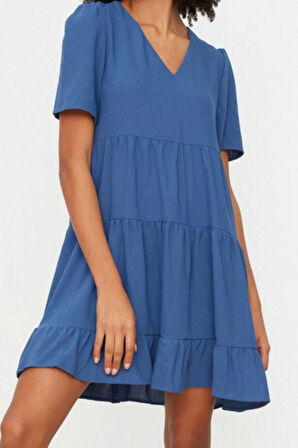 Kadın Moda Şık Mini Boy V Yaka Regular Geniş Kesim Dokuma Elbise