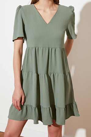 Yeni Regular Casual Günlük Aerobin Dokuma V Yaka Kısa Kol Shift Mini Boy Elbise