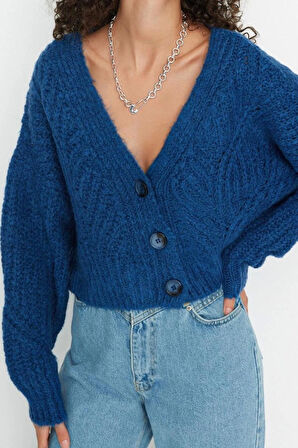 Kadın Moda Şık Crop V Yaka Regular Crop Yumuşak Dokulu Triko Hırka