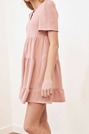 Yeni Regular Casual Günlük Aerobin Dokuma V Yaka Kısa Kol Shift Mini Boy Elbise