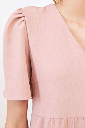 Yeni Regular Casual Günlük Aerobin Dokuma V Yaka Kısa Kol Shift Mini Boy Elbise