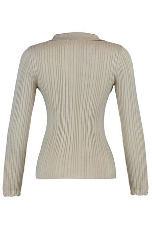 Kadın Moda Şık Regular Polo Yaka Slim Fitilli Polo Yaka Triko Hırka