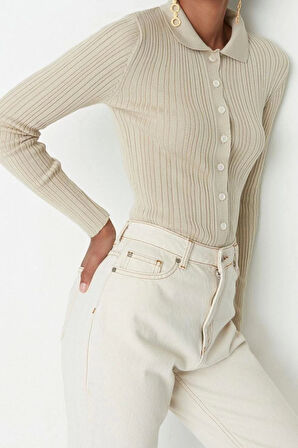 Kadın Moda Şık Regular Polo Yaka Slim Fitilli Polo Yaka Triko Hırka