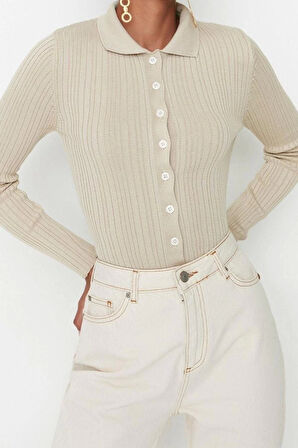 Kadın Moda Şık Regular Polo Yaka Slim Fitilli Polo Yaka Triko Hırka