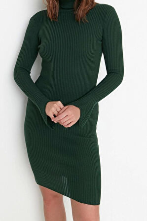 Yeni Slim Casual Günlük Fitilli Triko Balıkçı Yaka Uzun Kol Bodycone Mini Boy Elbise