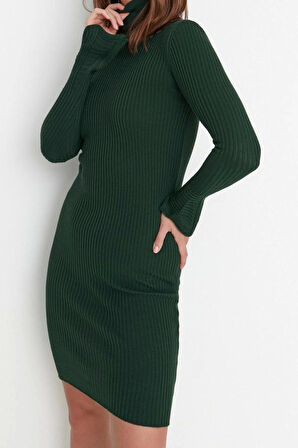 Yeni Slim Casual Günlük Fitilli Triko Balıkçı Yaka Uzun Kol Bodycone Mini Boy Elbise