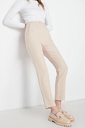 Kadın Yeni Moda Geniş Paça Regular Boy Dokuma Cigarette Kalıp Pensli Yüksek Bel Bilek Boy Pantolon