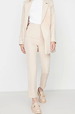 Kadın Yeni Moda Geniş Paça Regular Boy Dokuma Cigarette Kalıp Pensli Yüksek Bel Bilek Boy Pantolon