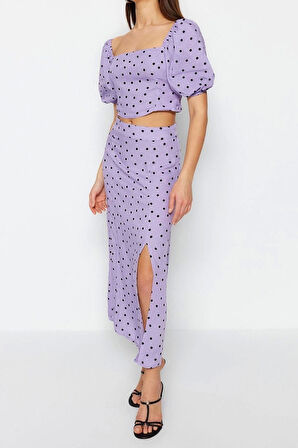 Kadın Moda Şık Geniş Paça Uzun Kollu Yırtmaçlı Midi Viskon Dokuma Puantiyeli Bluz-Etek Takım