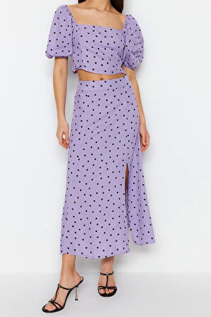 Kadın Moda Şık Geniş Paça Uzun Kollu Yırtmaçlı Midi Viskon Dokuma Puantiyeli Bluz-Etek Takım