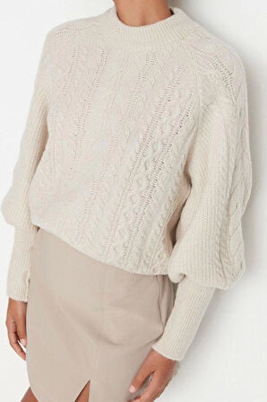 Kadın Moda Şık Regular Dik Yaka Uzun Kol Saç Örgü Yumuşak Dokulu lü Triko Kazak