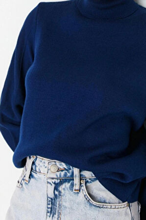 Kadın Moda Şık Regular Balıkçı Yaka Uzun Kol Düz Basic Balıkçı Yaka Triko Kazak