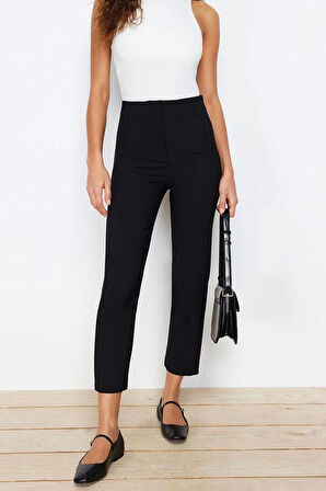 Kadın Yeni Moda Geniş Paça Regular Boy Dokuma Cigarette Kalıp Pensli Yüksek Bel Bilek Boy Pantolon