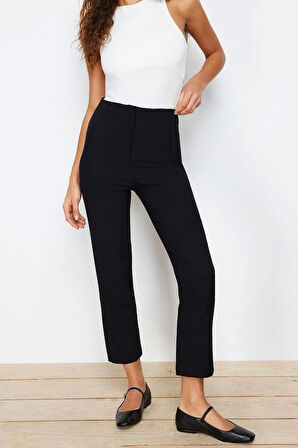 Kadın Yeni Moda Geniş Paça Regular Boy Dokuma Cigarette Kalıp Pensli Yüksek Bel Bilek Boy Pantolon