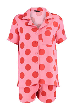 Kadın Moda Şık Gömlek Yaka Boru Paça Kısa Kol Puantiyeli Viskon Dokuma Pijama Takımı