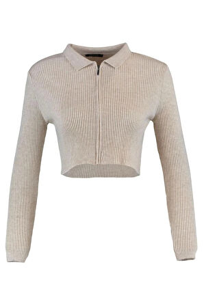 Kadın Moda Şık Crop Polo Yaka Slim Crop Fermuarlı Triko Hırka