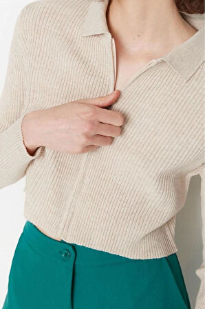 Kadın Moda Şık Crop Polo Yaka Slim Crop Fermuarlı Triko Hırka