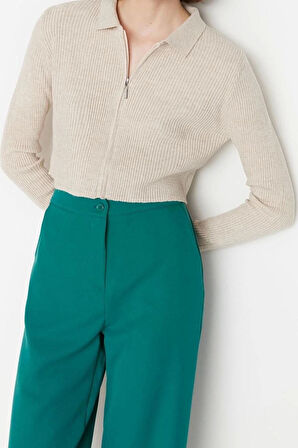 Kadın Moda Şık Crop Polo Yaka Slim Crop Fermuarlı Triko Hırka