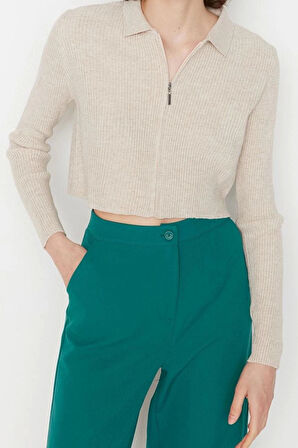 Kadın Moda Şık Crop Polo Yaka Slim Crop Fermuarlı Triko Hırka