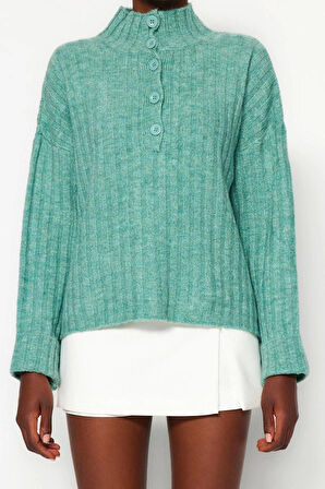 Kadın Moda Şık Regular Dik Yaka Uzun Kol Düz Geniş Kalıp Yumuşak Dokulu Dik Yaka Triko Kazak