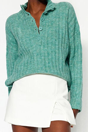 Kadın Moda Şık Regular Dik Yaka Uzun Kol Düz Geniş Kalıp Yumuşak Dokulu Dik Yaka Triko Kazak