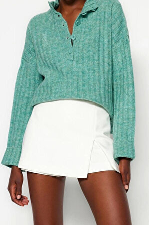 Kadın Moda Şık Regular Dik Yaka Uzun Kol Düz Geniş Kalıp Yumuşak Dokulu Dik Yaka Triko Kazak