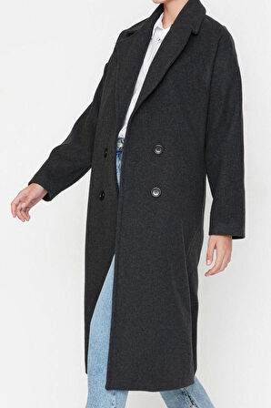 Kadın Moda Şık Oversize Ceket Yaka Uzun Düz Astarlı Oversize Geniş Kesim Uzun Yünlü Kaşe Kaban