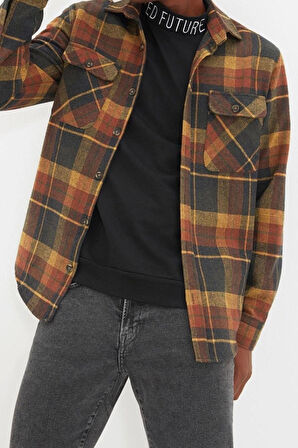 Erkek Moda Uzun Kol Dokuma Bordo Çift Cep Kapaklı Regular Fit Kışlık Oduncu Kareli Gömlek