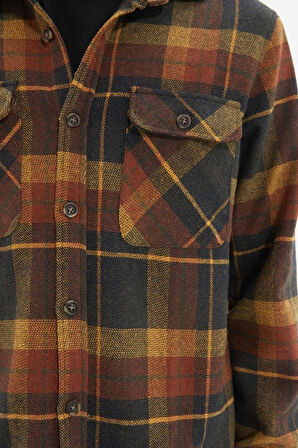 Erkek Moda Uzun Kol Dokuma Bordo Çift Cep Kapaklı Regular Fit Kışlık Oduncu Kareli Gömlek