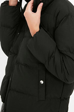 Kadın Moda Şık Regular Kapüşonlu Yaka Standart Düz Astarlı Kapüşonlu Su İtici Şişme Anorak Mont