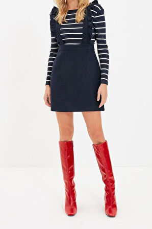 Yeni Regular Casual Günlük Flanel Dokuma Kare Yaka Askılı Kol Jile Mini Boy Elbise