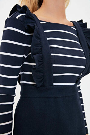 Yeni Regular Casual Günlük Flanel Dokuma Kare Yaka Askılı Kol Jile Mini Boy Elbise