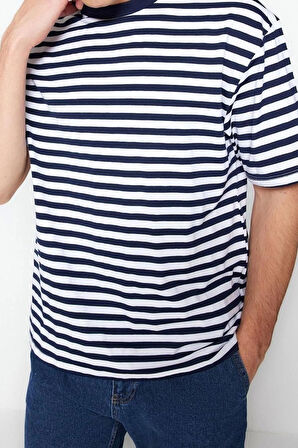 Yeni Sezon Rahat Pamuk Polyester Bisiklet Yaka Kısa Kol Çizgili Desenli Günlük T-Shirt