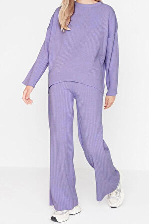 Kadın Moda Şık Boru Paça Regular Boy Uzun Kollu Basic Bisiklet Yaka Triko Alt-Üst Takım