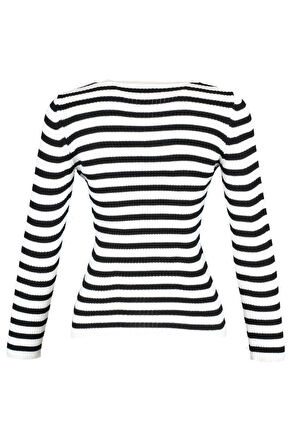 Kadın Moda Şık Regular Bisiklet Yaka Uzun Kol Çizgili Basic Triko Kazak