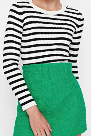 Kadın Moda Şık Regular Bisiklet Yaka Uzun Kol Çizgili Basic Triko Kazak