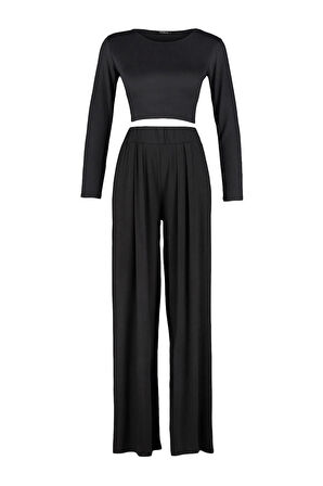 Kadın Moda Şık Bisiklet Yaka Geniş Paça Uzun Kol Viskon Örme Pijama Takımı