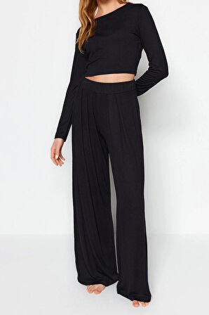 Kadın Moda Şık Bisiklet Yaka Geniş Paça Uzun Kol Viskon Örme Pijama Takımı