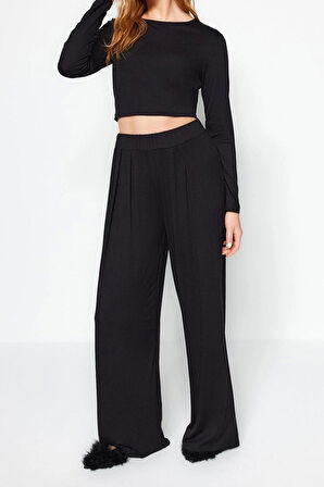 Kadın Moda Şık Bisiklet Yaka Geniş Paça Uzun Kol Viskon Örme Pijama Takımı