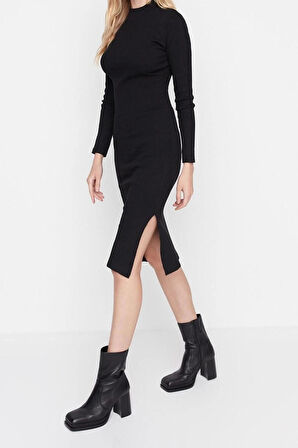 Yeni Slim Casual Günlük Rejenere Kaşkorse Dokuma Dik Yaka Uzun Kol Bodycone Mini Boy Elbise